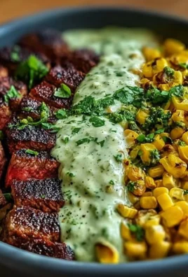 Steak Bowl with avocado, roasted corn, and cilantro cream sauce