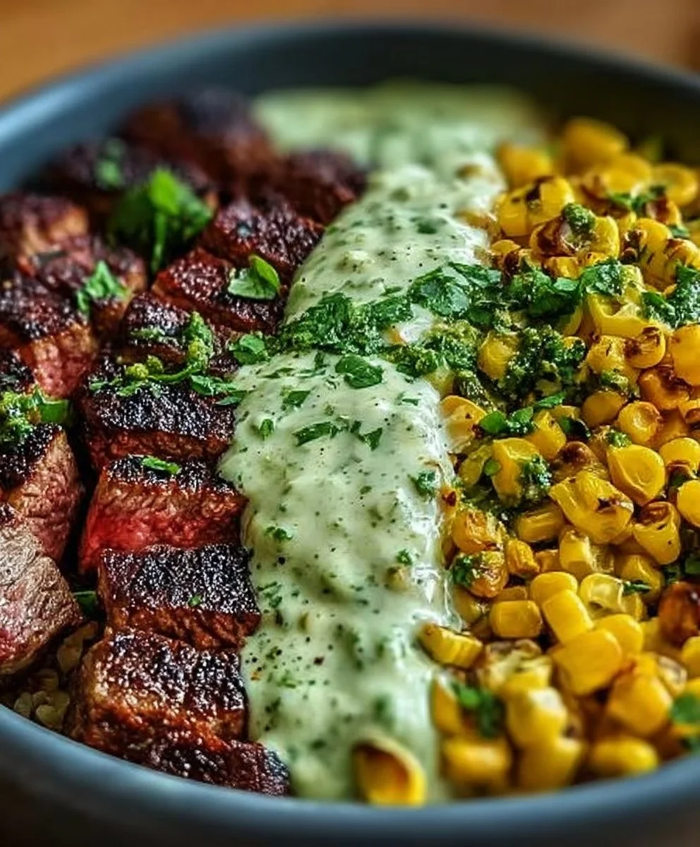 Steak Bowl with avocado, roasted corn, and cilantro cream sauce