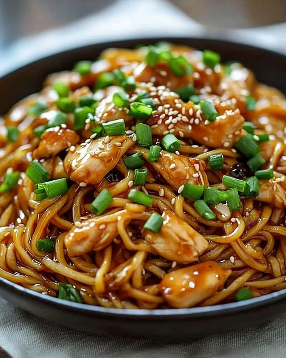 Plate of sticky garlic chicken noodles garnished with herbs.