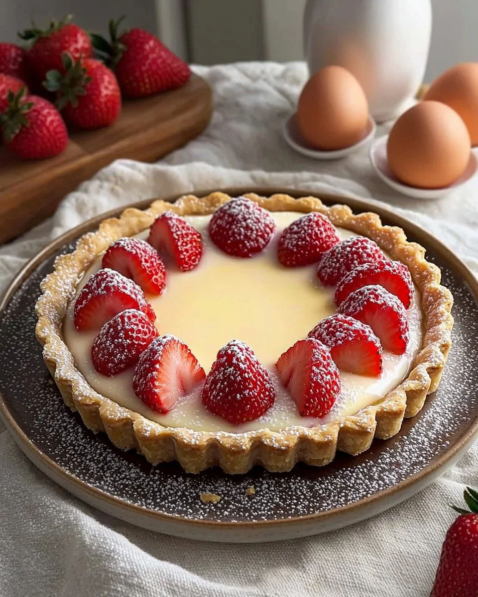 Delicious strawberry custard tart with fresh strawberries and creamy custard filling.