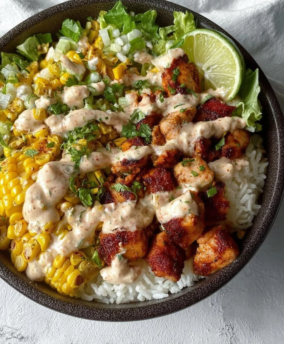 Delicious street corn chicken rice bowls topped with fresh ingredients