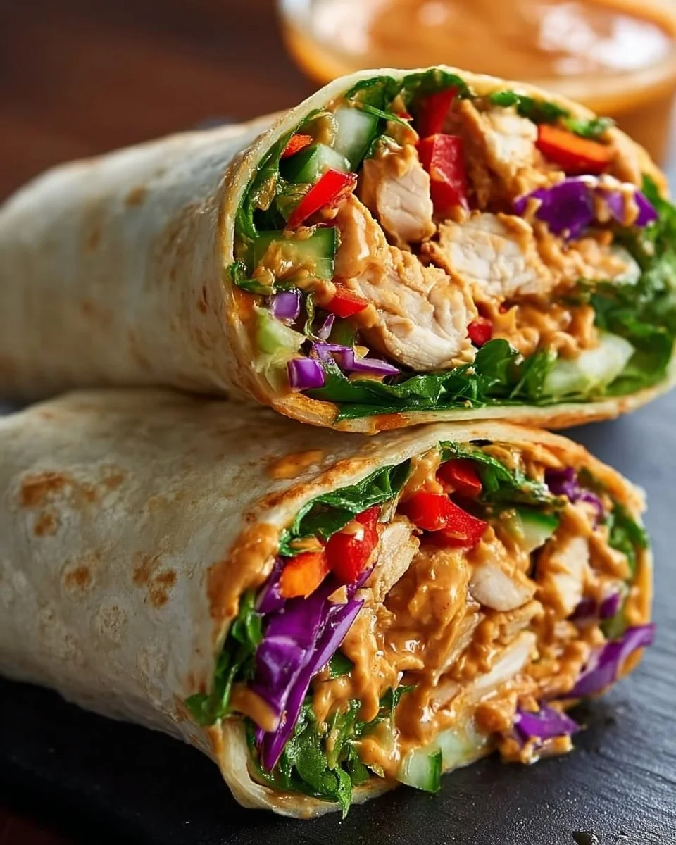 Thai Peanut Chicken Wraps filled with fresh vegetables and creamy peanut sauce