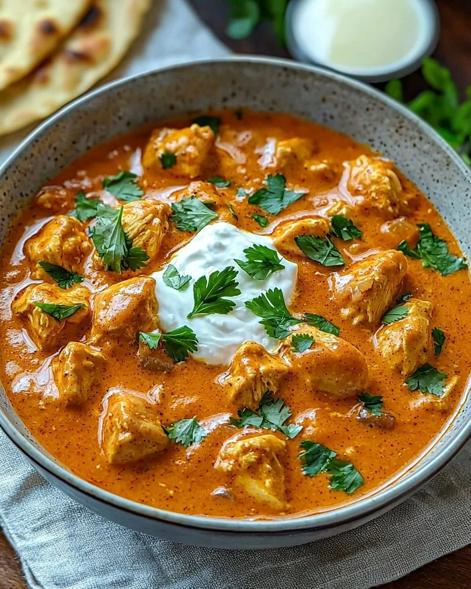 Delicious plate of butter chicken with rice and naan, showcasing vibrant spices.