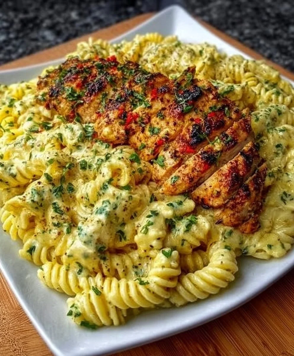 Creamy garlic parmesan chicken pasta served in a bowl with parmesan cheese sprinkled on top.