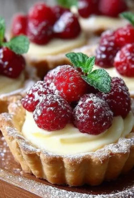 Vanilla Cream Tarts topped with fresh raspberries on a white plate