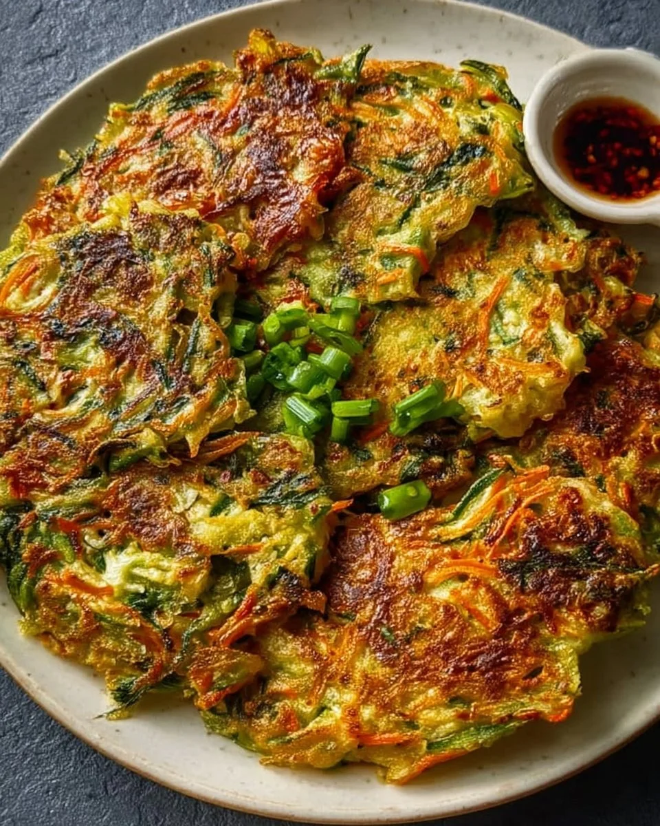 Plate of delicious Vegan Vegetable Pancakes topped with fresh herbs