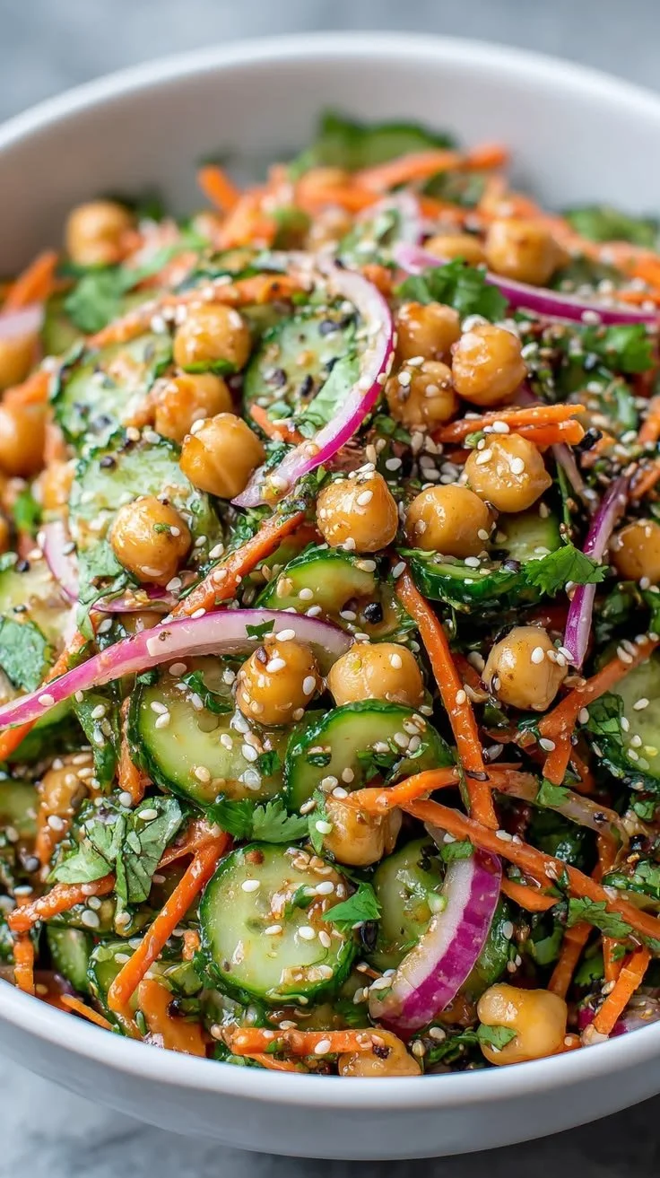 Asian cucumber and chickpea slaw with sesame dressing in a bowl