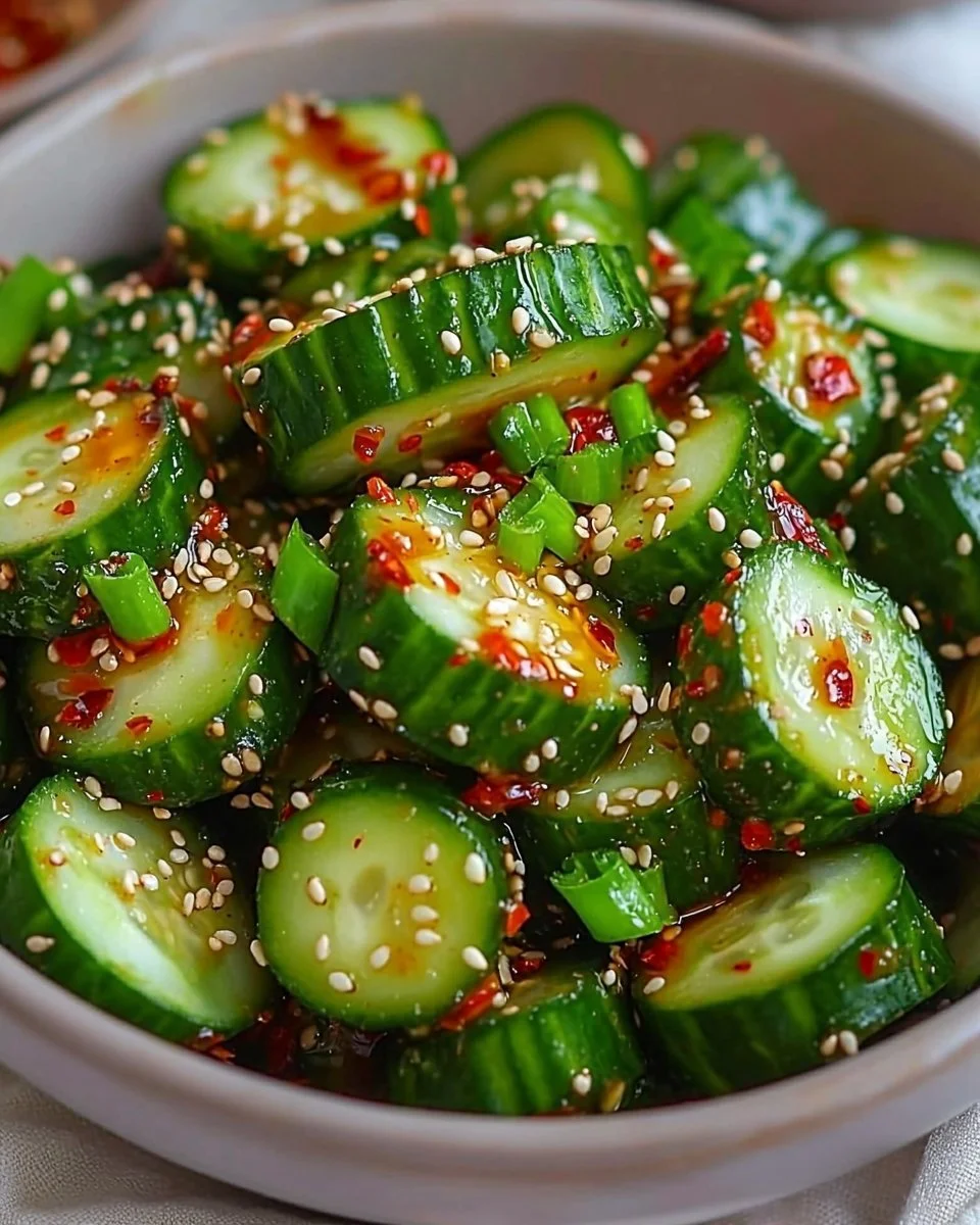 Asian spicy cucumber salad with vibrant colors and crunchy texture