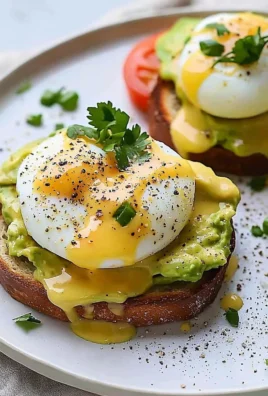 Avocado Toast Eggs Benedict topped with poached eggs and garnished with herbs