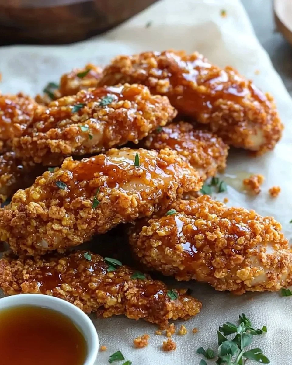 Baked Crunchy Hot Honey Chicken served on a plate with a side of greens