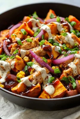 BBQ chicken sweet potato skillet in a frying pan.