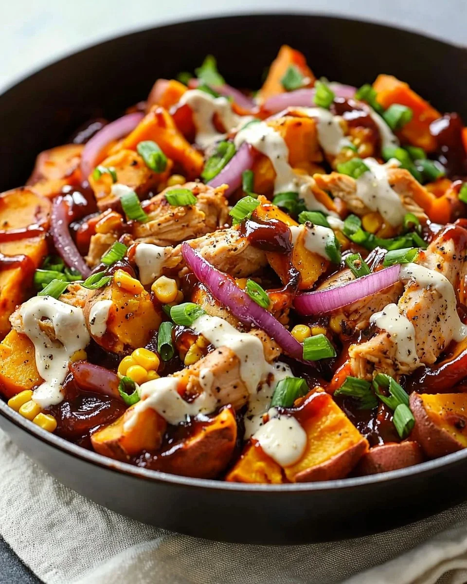 BBQ chicken sweet potato skillet in a frying pan.