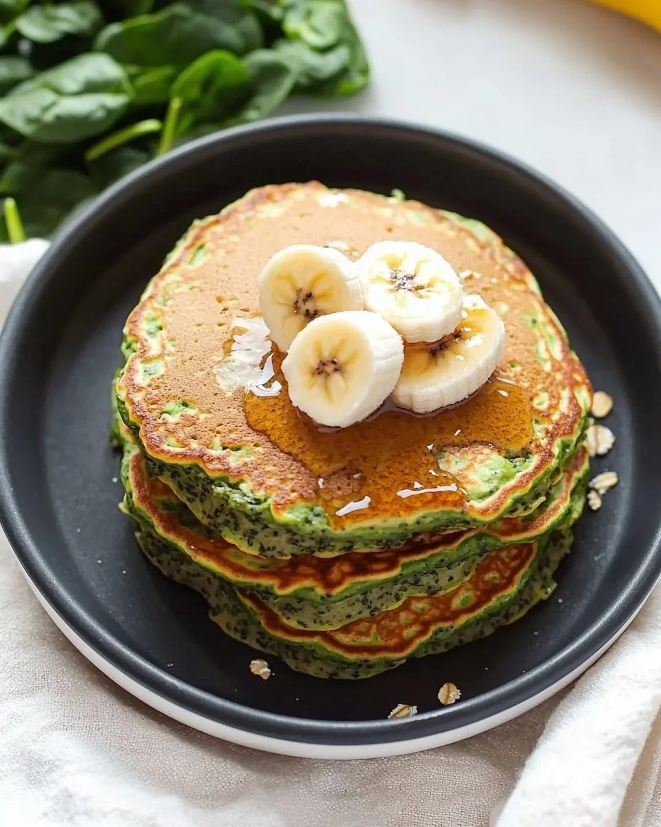 Blender Banana Spinach Pancakes stacked with fresh bananas and spinach