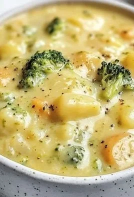 Delicious bowl of broccoli potato cheese soup topped with cheddar cheese