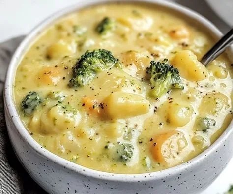 Delicious bowl of broccoli potato cheese soup topped with cheddar cheese
