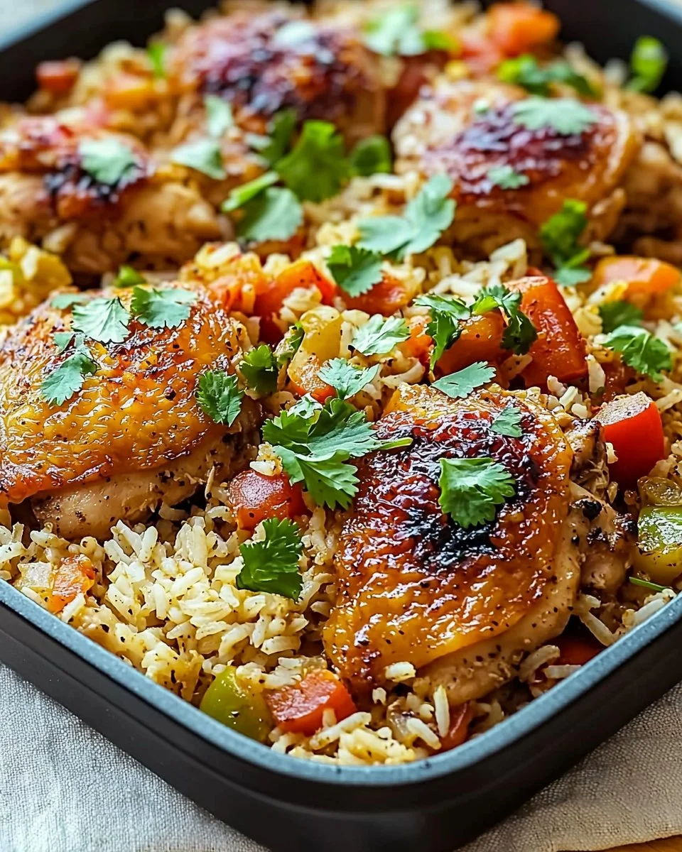 Plate of Caribbean Chicken served with rice and colorful vegetables