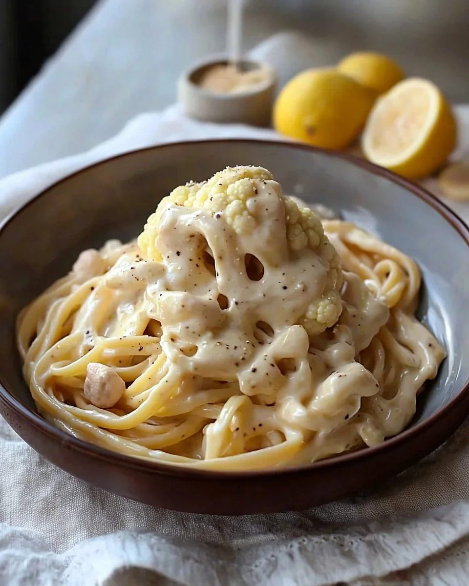 Creamy Cauliflower Alfredo sauce served over pasta with fresh herbs.