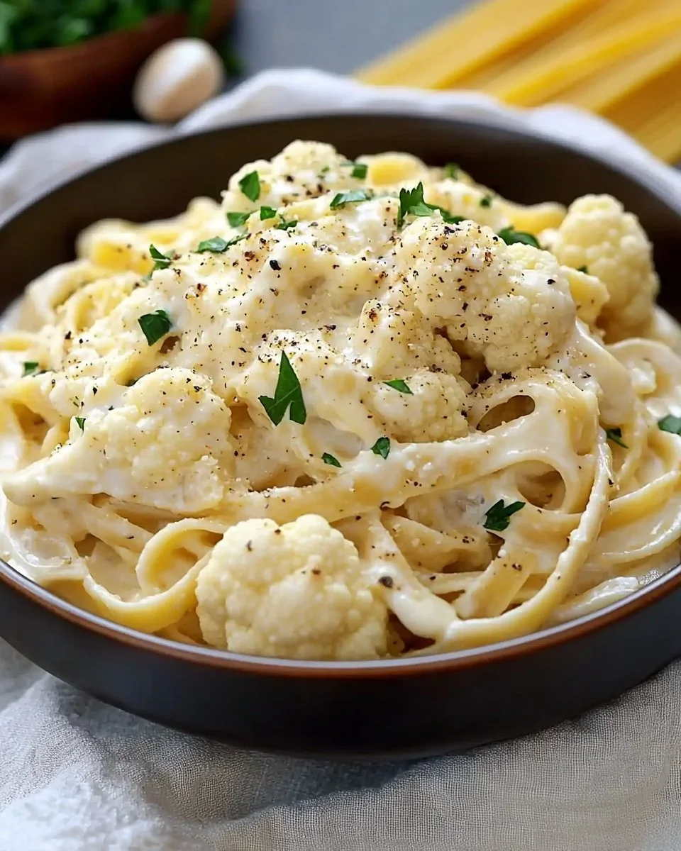 Bowl of creamy Cauliflower Alfredo without heavy cream, garnished with parsley.