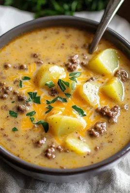 Cheesy Beef and Potato Soup garnished with herbs in a bowl
