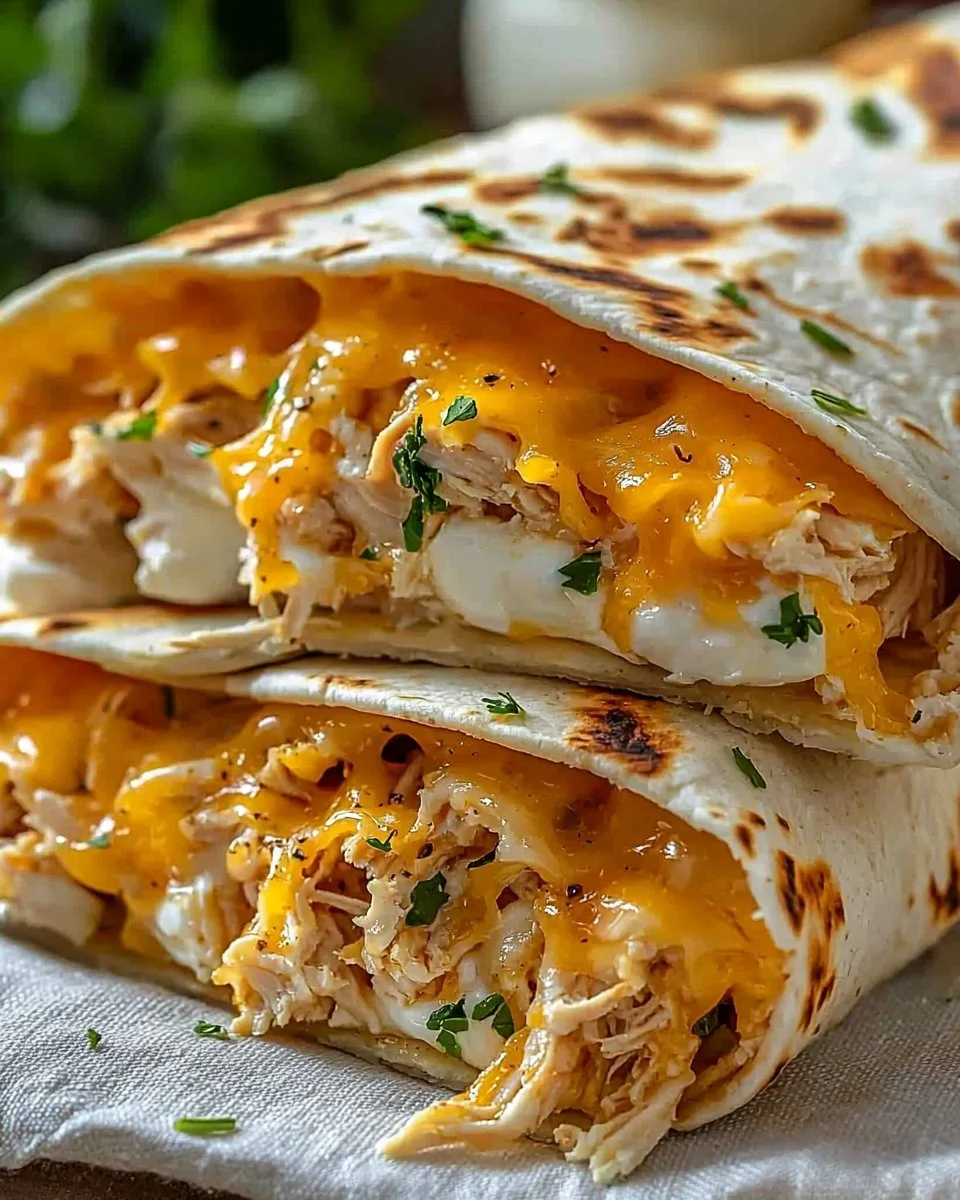 Cheesy garlic chicken wraps served on a plate, garnished with herbs