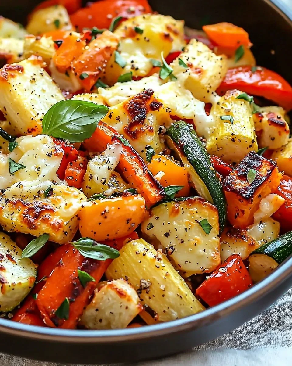 Cheesy marry me roasted vegetable medley with colorful veggies in a serving dish