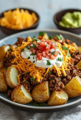 Cheesy taco potatoes topped with cheese and spices in a colorful dish