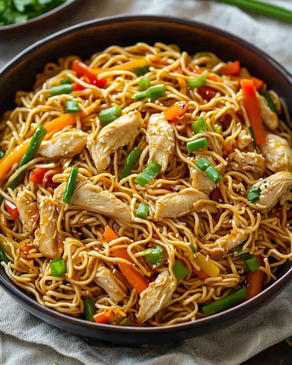 Bowl of Chicken Chow Mein with vegetables and tender chicken pieces