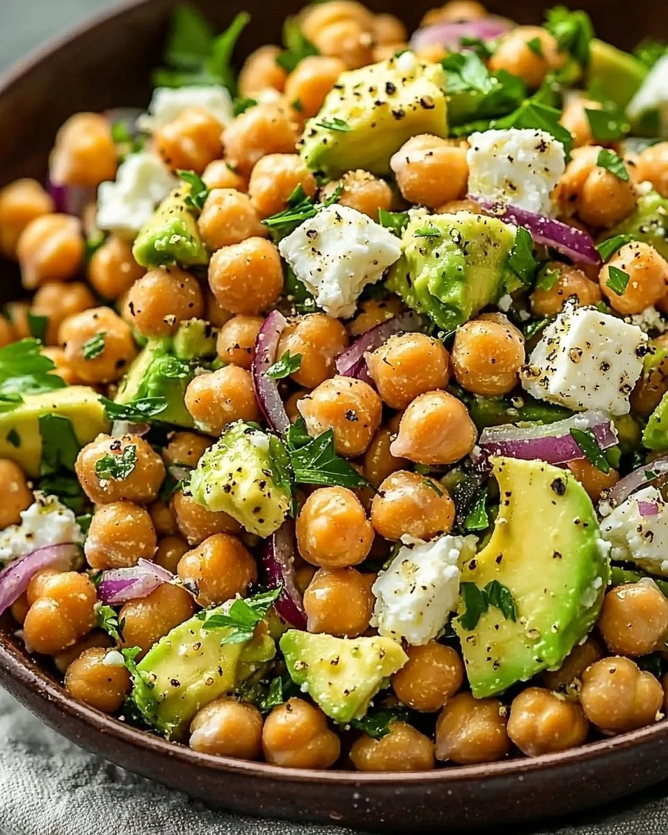 Chickpea feta avocado salad with fresh vegetables and a light dressing