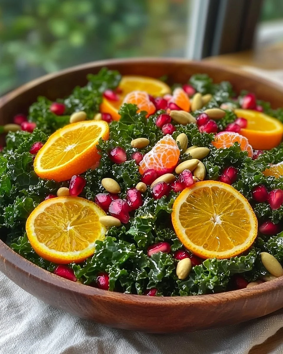 Citrus Pomegranate Kale Salad with fresh greens and vibrant colors