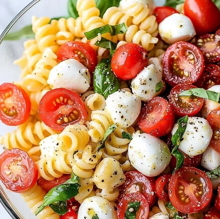 Colorful Caprese pasta salad with tomatoes, mozzarella, and basil