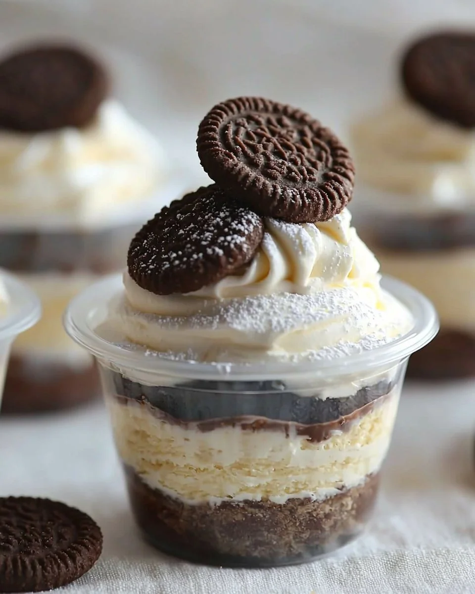 Cookies & Cream Dessert Cups topped with whipped cream and cookie crumbs
