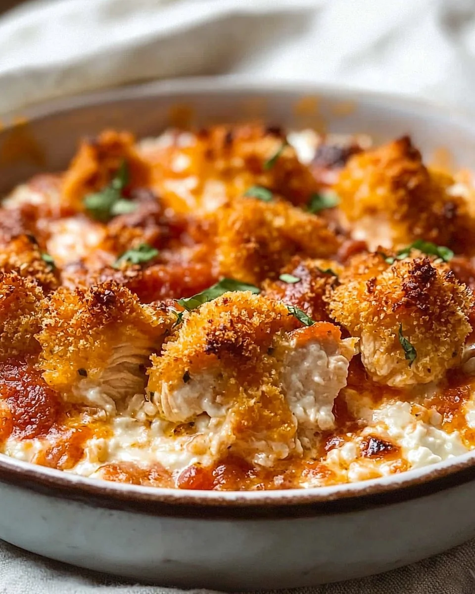 Cottage Cheese Chicken Parmesan Bowl garnished with herbs