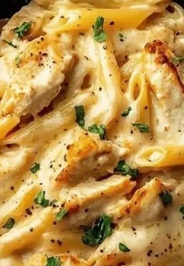 Creamy Crac Chicken Penne dish served in a bowl.