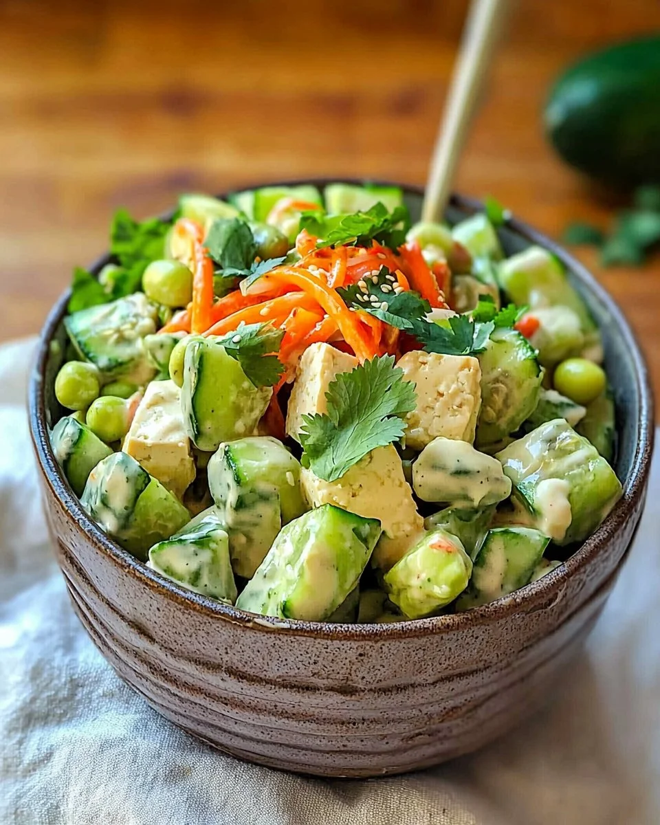Creamy Asian cucumber salad topped with sesame seeds and scallions in a bowl.