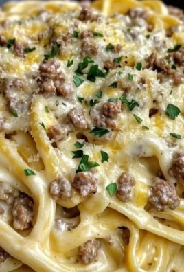 Creamy beef linguine topped with cheesy garlic butter Alfredo sauce.
