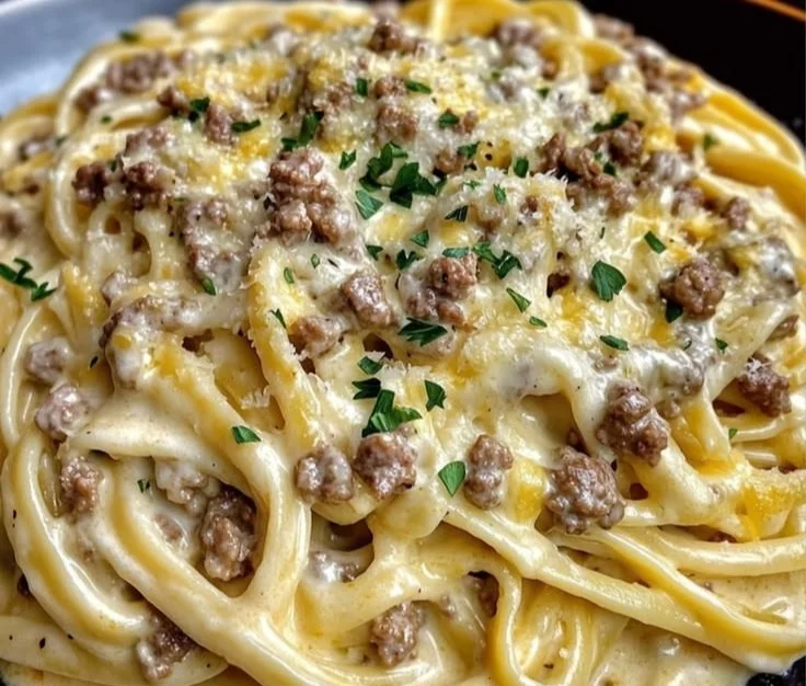 Creamy Beef Linguine with Cheesy Garlic Butter Alfredo