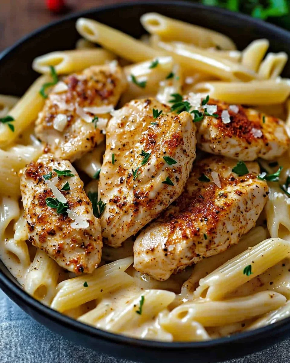 Creamy Cajun Chicken Pasta with vegetables and spices served in a bowl.