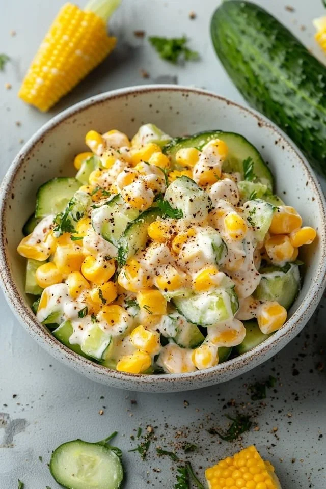 Creamy Corn and Cucumber Salad served in a bowl with fresh ingredients