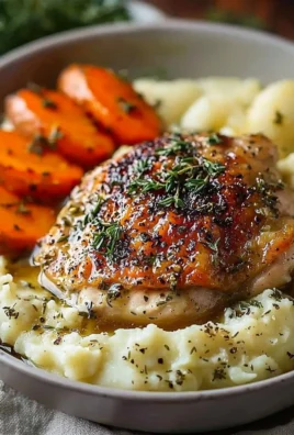 Plate of creamy herb chicken with mashed potatoes and honey glazed carrots