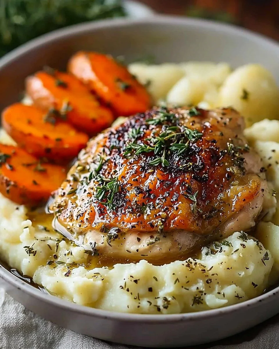 Plate of creamy herb chicken with mashed potatoes and honey glazed carrots