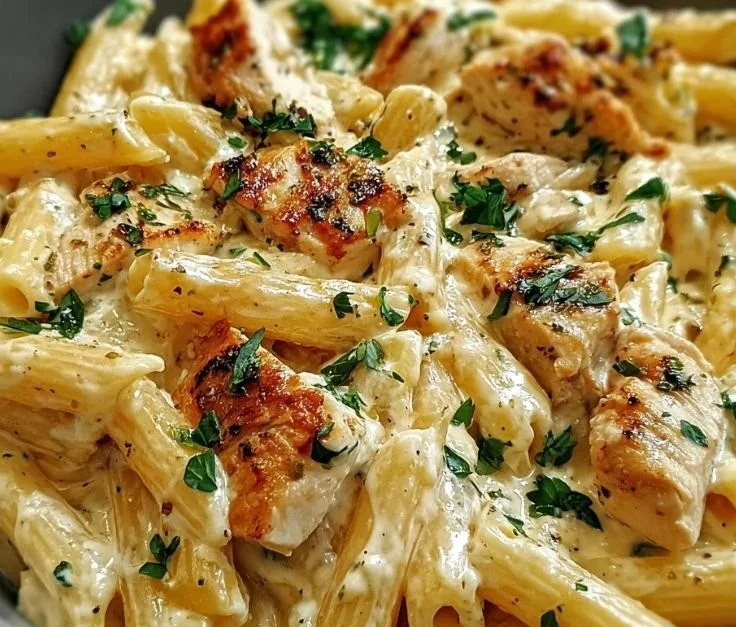 Creamy ricotta chicken pasta served in a bowl with fresh herbs.