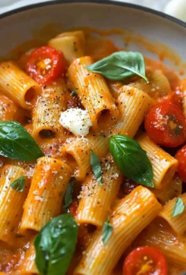 Creamy rigatoni pasta topped with rich tomato sauce and fresh herbs