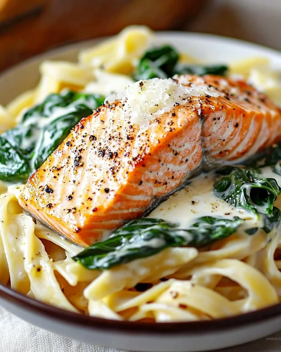 Creamy salmon pasta dish served in a bowl with fresh herbs on top
