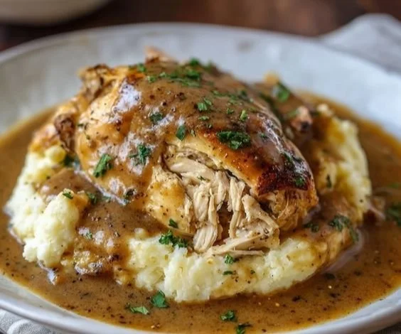 Crockpot Chicken and Gravy served on a plate with vegetables