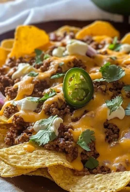 A plate of easy cheesy beef nachos topped with melted cheese and jalapeños