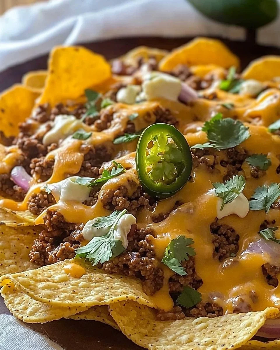 A plate of easy cheesy beef nachos topped with melted cheese and jalapeños