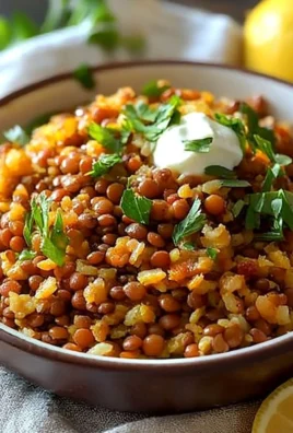Bowl of easy Mediterranean lentils and rice topped with fresh herbs.