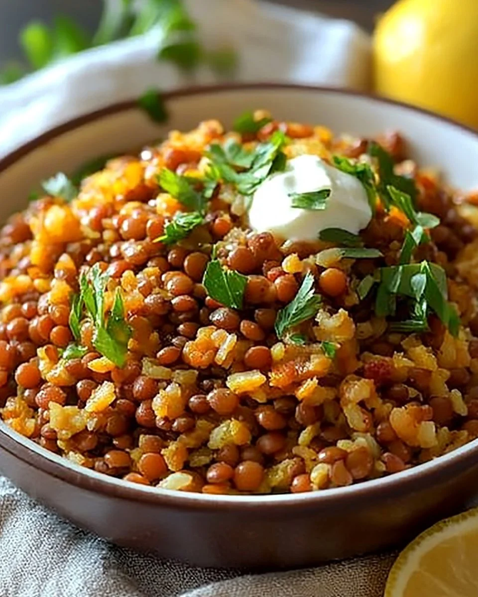 Bowl of easy Mediterranean lentils and rice topped with fresh herbs.