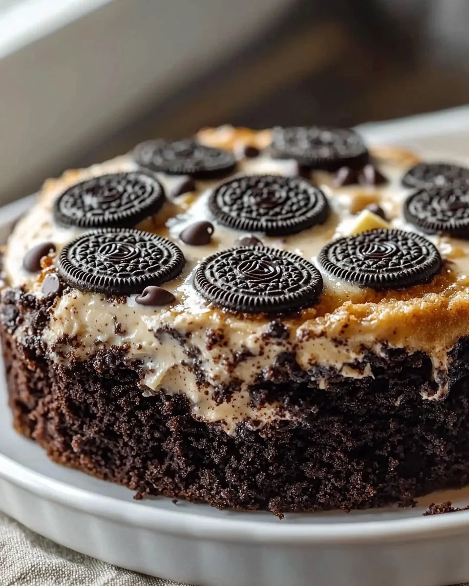 Delicious Easy Oreo Dump Cake topped with crushed Oreos and whipped cream