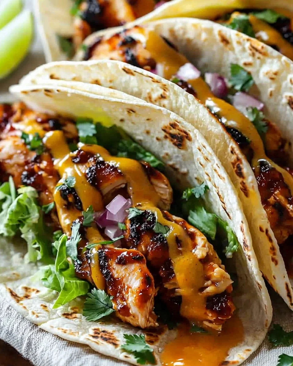 Garlic Butter Honey BBQ Chicken Tacos served on a plate with toppings
